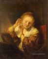 Jeune femme essayant des boucles d’oreilles Rembrandt